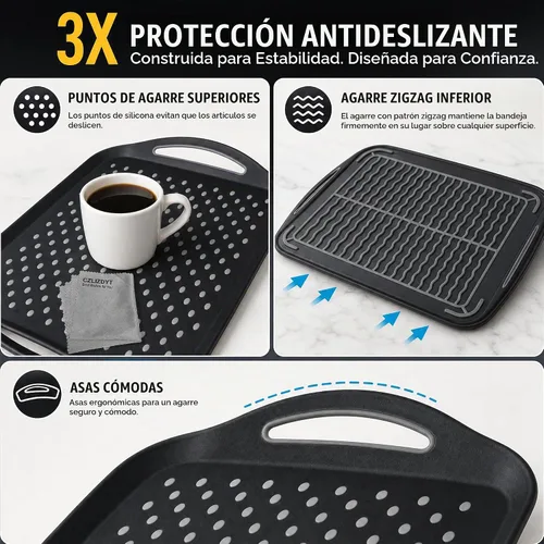 Vista 2 de Bandeja grande antideslizante con asas, bandejas de comida para regazo con puntos de agarre de silicona para comer, aptas para lavavajillas