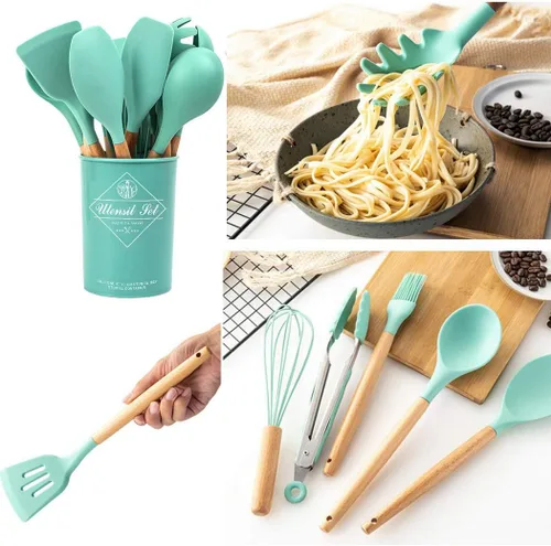 Vista 6 de Juego de 17 utensilios de silicona con mango de madera, resistente al calor, utensilios de cocina fáciles de limpiar, herramientas de cocina