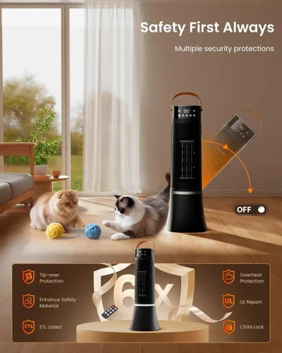 Vista 5 de Calentador de espacio para uso en interiores, calentador eléctrico PTC de 1500 W con control remoto, oscilación ancha de 75°, temporizador de 12