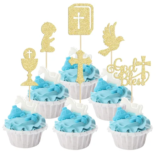 Vista 12 de Gyufise 24 piezas de decoración de cupcakes con purpurina azul que Dios bendiga y cruz, decoración de pastel para baby shower, bautismo, fiesta