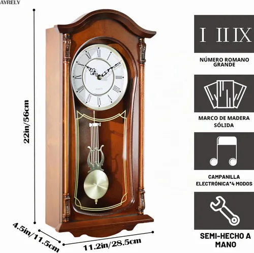 Vista 2 de AYRELY® Reloj de Pared Vintage de Abuelo de 22 Pulgadas con Péndulo y Campanadas, Campanadas de Hora/Cuarto de Hora, Marco de Madera de Caoba, Reloj