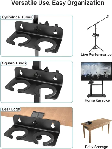 Vista 4 de Soporte para micrófono múltiple con abrazadera (aluminio/goma), soporte para micrófono y borde de escritorio y pared, soporta hasta 2 micrófonos