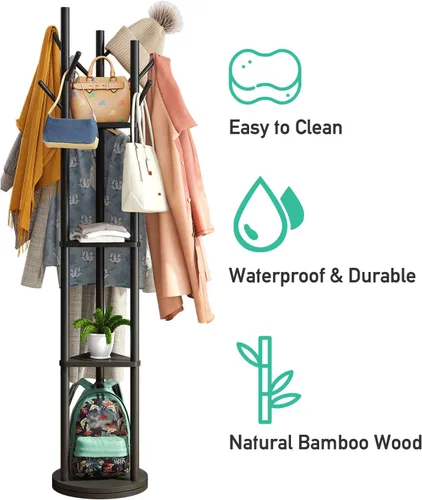 Vista 7 de kiplant Perchero giratorio con 8 ganchos, árbol de madera de bambú negro para ropa, bolsos/sombreros, perchero grande independiente para entrada