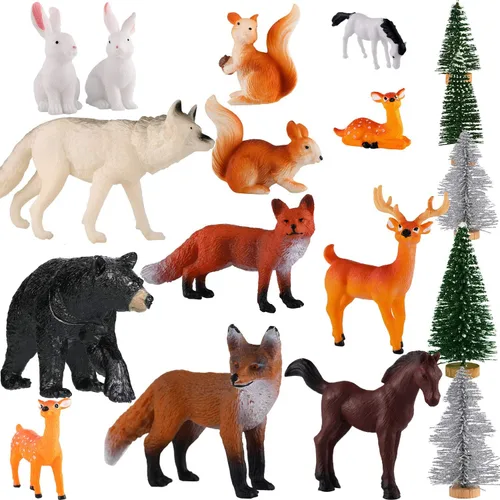 Vista 2 de Skylety Juego de 18 figuras de animales del bosque con árboles, juguetes de animales del bosque para niños, juego de simulación, figuras de vida