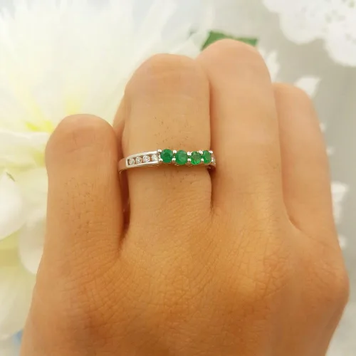 Vista 4 de Anillo redondo de oro de 14 quilates con esmeralda y diamantes para mujer, anillo de boda, Oro, Esmeralda