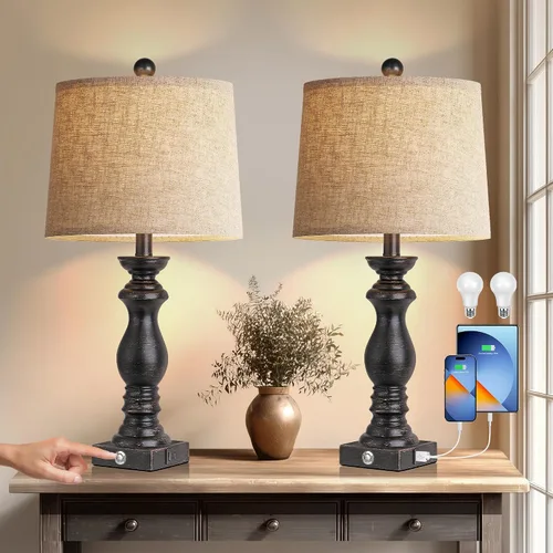 Vista 16 de Juego de 2 lámparas de mesa de 24.5 pulgadas, lámparas de noche rústicas de granja con puertos de carga USB A+C, lámparas de mesa de noche