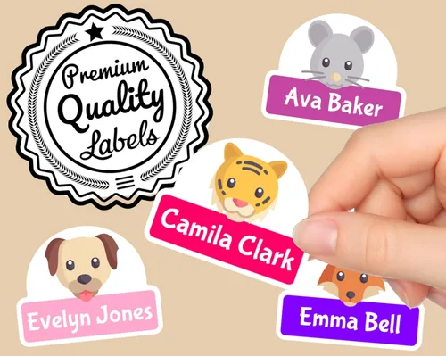 Vista 2 de Sweet Etiquetas de nombre personalizables de animales mixtos, 16 a 128 unidades, etiquetas perfectas para niños para guardería y suministros