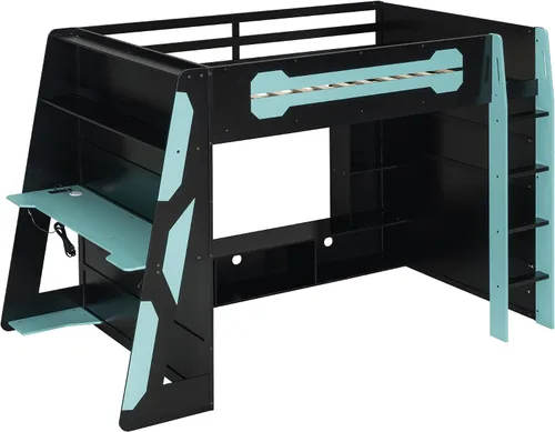 Vista 5 de Cama loft para juegos, cama alta de madera tamaño matrimonial con escritorio, estantes de almacenamiento múltiple y LED, azul nube