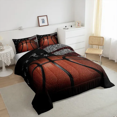 Vista 4 de Erosebridal Juego de edredón de baloncesto tamaño Twin para niños y adolescentes, juego de cama de tema deportivo de microfibra ultra suave