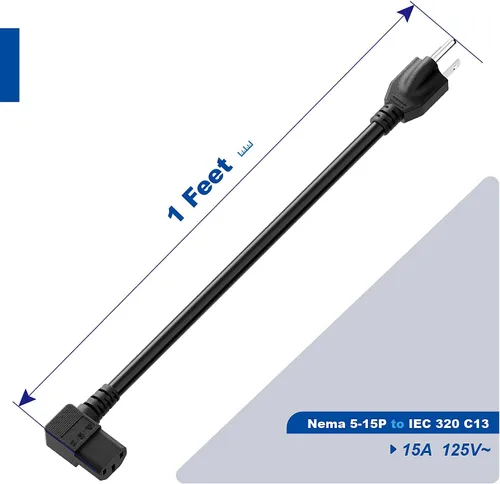 Vista 2 de Cable de alimentación en ángulo recto Nema 5-15P a IEC 320 C13, cable de alimentación de CA macho de 3 clavijas a hembra IEC de ángulo recto de 1 pie