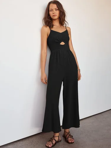 Vista 8 de ANRABESS - Mono de verano con recorte, tirantes delgados para mujer, cuello en V, cintura alta, fruncida, pierna ancha, con bolsillos