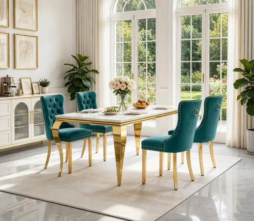 Vista 17 de Juego de 5 mesas de comedor de mármol sintético para 4 mesas de cocina de lujo de 68 pulgadas de oro blanco con 4 sillas tapizadas de terciopelo