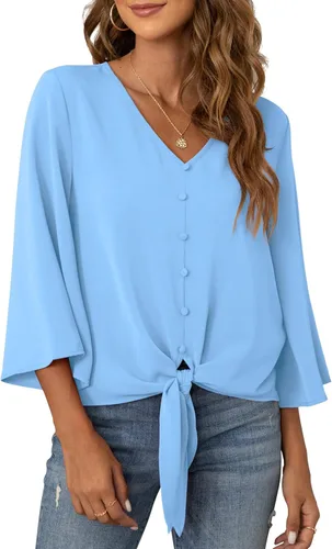 Vista 28 de VIISHOW Blusas de verano para mujer, con botones, cuello en V, de gasa, mangas acampanadas de 3/4, con nudo, casuales 01 Blanco