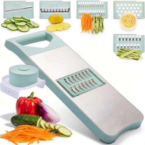 Vista 9 de NACOLUS Rallador de mandolina de 6 cuchillas con protector de mano deslizante - Rallador de verduras, rallador de papa/cebolla/ajo, rallador de Beige