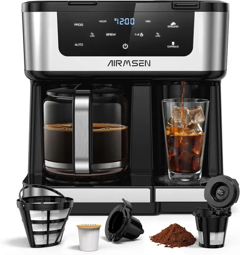 Vista 9 de AIRMSEN Cafetera dual programable de 12 tazas – Máquina de una sola porción para K-Pods y molido, preparación rápida de 1000 W, inicio retardado