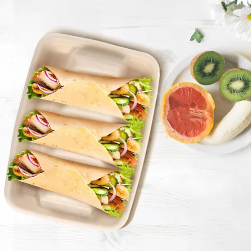 Vista 5 de Cabilock 50 platos desechables para tacos con divisores de 8.85 x 6.41 x 1.69 pulgadas, resistentes soportes para tacos para fiestas, bandeja