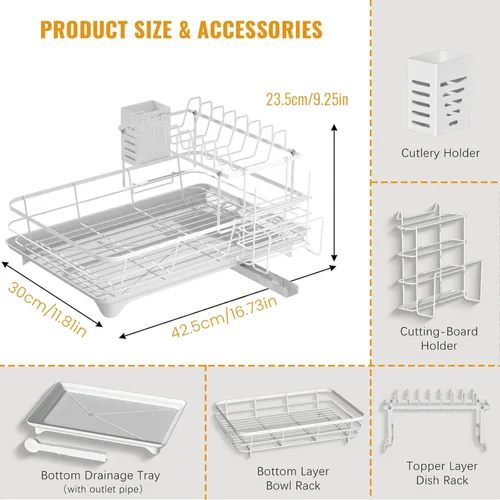 Vista 8 de Vergissm Escurridor de platos, escurridor de platos de drenaje automático para encimera de cocina, estante desmontable de gran capacidad