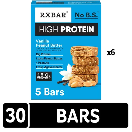Vista 5 de RXBAR Barras altas en proteínas, 0.63 oz de proteína, sin gluten, aperitivos de proteínas, mantequilla de maní y vainilla (6 cajas, 30 barras)