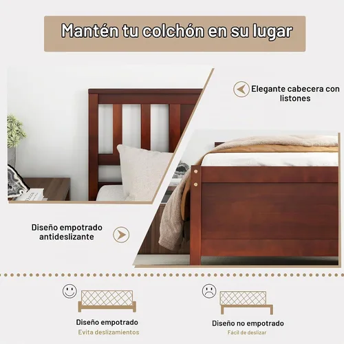 Vista 7 de KOMFOTT Base de cama de plataforma de madera individual con cabecero, plataforma de madera maciza con soporte de listones y almacenamiento debajo