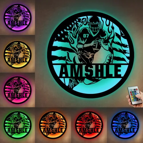 Vista 6 de Letrero de metal personalizado para jugador de fútbol con luz LED, nombre y número personalizado, arte de pared de fútbol, letrero de neón