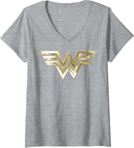 Vista 5 de DC Comics Wonder Woman 1984 - Camiseta con cuello en V y logotipo dorado para mujer, talla S Negro