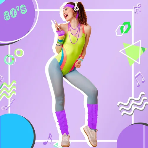 Vista 4 de Accesorios de disfraces de los años 80 y 90 para mujer, diadema de neón de los años 80, aretes, calentadores de piernas, conjunto de traje de fiesta