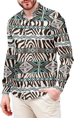 Vista 15 de Camisa azteca con botones para hombre, patrón nativo americano, camisas de manga larga con cuello en V y nación tribal