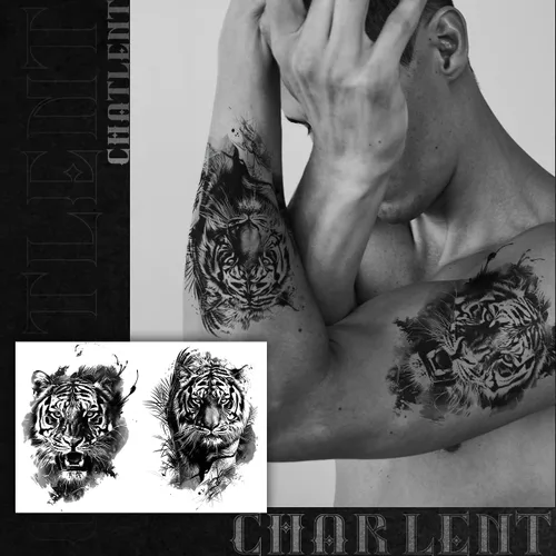 Vista 5 de CHARLENT 18 tatuajes temporales realistas de oso tigre, león, lobo para hombres y adultos, calcomanías de tatuajes de animales falsos negros