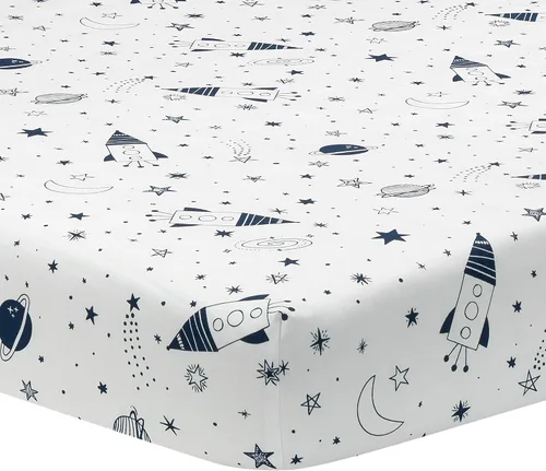 Vista 4 de Lambs & Ivy Sky Rocket - Juego de ropa de cama para cuna de bebé, 5 piezas, galaxia azul y espacio
