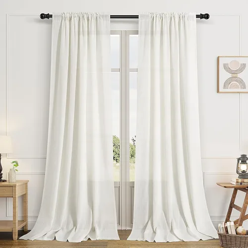 Vista 59 de Cortinas de lino verde aguamarina de 84 pulgadas de largo, juego de 2 paneles semitransparentes con bolsillo para barra para comedor, decoración