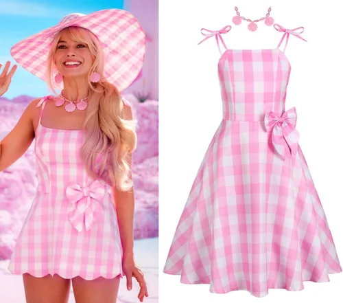 Vista 3 de Disfraz de heroína de la película para niños, vestido rosa, disfraz de Halloween, traje de fiesta con collar, aretes, horquilla