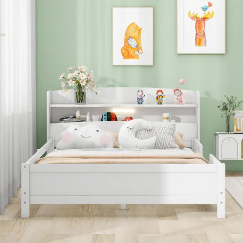 Vista 3 de Harper & Bright Designs Base de cama matrimonial con cabecera de almacenamiento y luz LED integrada, cama de plataforma de tamaño matrimonial