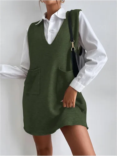 Vista 5 de OYOANGLE Vestido corto de punto con cuello en V sin mangas para mujer, liso, con bolsillos Verde militar