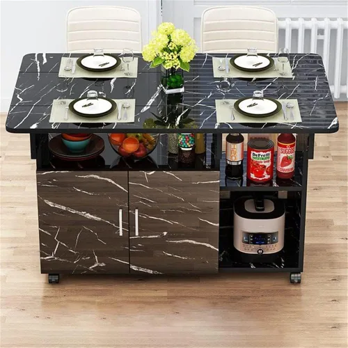 Vista 7 de Mesa de comedor plegable, mesa rectangular versátil con 4 ruedas, 5 estantes de almacenamiento, ahorro de espacio para comedor, cocina, ocio, mesa