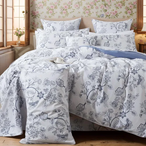 Vista 19 de FADFAY Juego de funda de edredón floral 100% algodón a rayas verdes y beige, ropa de cama de flores desgastadas con diseño de ramas botánicas