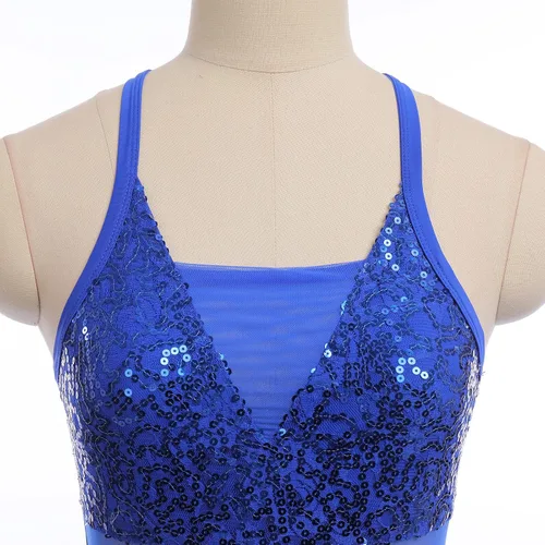 Vista 4 de ODASDO Disfraces de baile lírico para mujer, moderno y contemporáneo, vestido de tul de malla con volantes y lentejuelas cruzadas