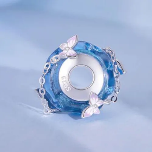 Vista 3 de Abalorios de cristal de Murano genuino para pulseras de plata de ley 925 original núcleo azul burbujas rosas abalorios para pulseras Pandora