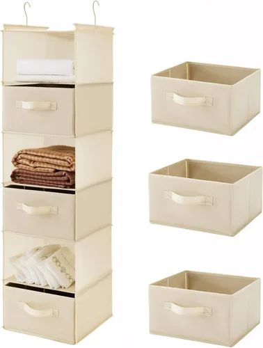 Vista 19 de MAX Houser Organizador colgante de armario de 6 niveles, estante colgante de tela con 2 ganchos resistentes para almacenamiento, plegable (beige)
