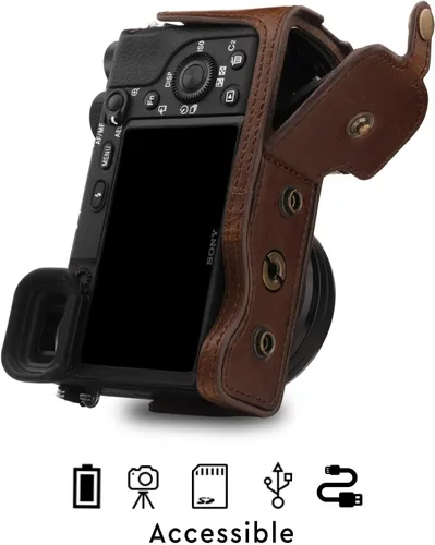 Vista 4 de MegaGear MG1652 Ever Ready Funda de cuero para cámara Compatible con Sony Alpha A6100, A6400 (16-50mm) - Marrón
