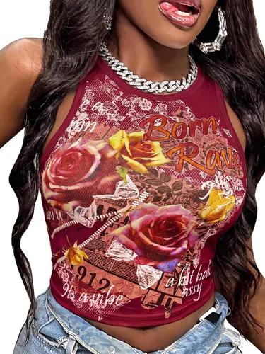 Vista 9 de SOLY HUX Camiseta sin mangas Y2k Vintage Graphic para mujer Gráfico beige.