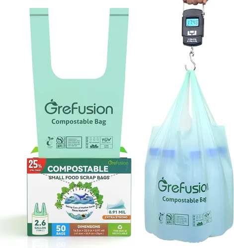 Vista 10 de GreFusion Bolsas compostables para cubo de compost de cocina, 1.2 galones, 125 unidades, certificadas por BPI y ASTM, a prueba de fugas y control