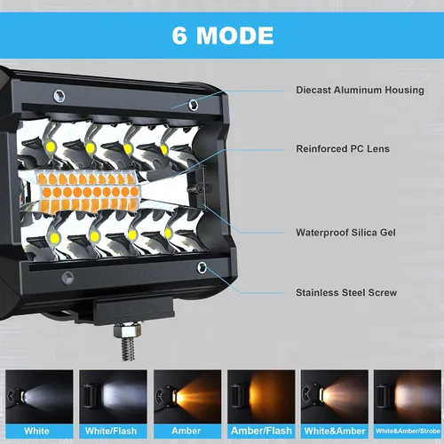 Vista 6 de ASLONG 4 unidades de 4 pulgadas blanco/ámbar amarillo LED Pods luz triple fila Spot Flood Combo LED Bar Offroad conducción niebla lámpara 60 W, 1