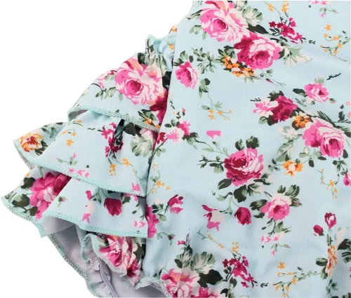 Vista 5 de China Rose 50's Floral Ruffles Mamelucos Vestido Sin Respaldo Traje De Baño Traje De B Azul/claro