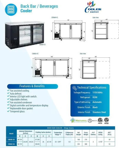 Vista 6 de Enfriador de barra trasera de cerveza 60 "Refrigerador comercial NSF Display Cooler 2 Puerta de vidrio 15.8 pies cúbicos 446 litros UUB24-2.12 oz