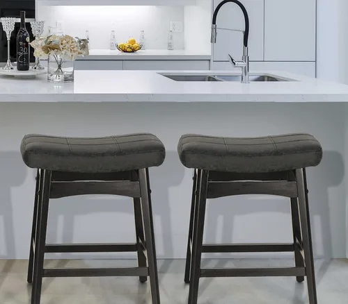 Vista 9 de Taburete de bar gris de madera maciza para encimera de cocina, taburete de bar con asiento de cuero sintético, taburete tapizado para isla de 34 a
