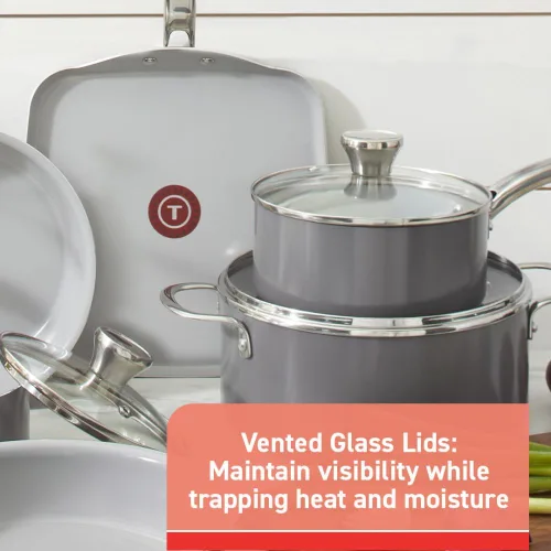 Vista 8 de T-Fal Fresh Gourmet Juego de utensilios de cocina de cerámica reciclada antiadherente, 12 piezas, apto para horno y asador hasta 500°F, tapa segura