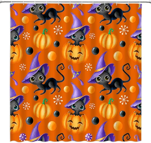 Vista 10 de Cortina de ducha de Halloween, castillo aterrador, calabaza, camión, calavera, murciélago de terror, luna llena, bruja, tela gótica, juego