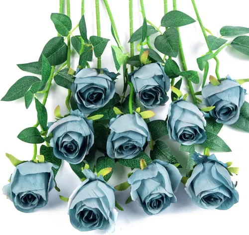 Vista 13 de 10 rosas artificiales de tallo largo, rosas de seda falsas para bricolaje, ramo de boda, mesa, centro de mesa, decoración del hogar (negro)