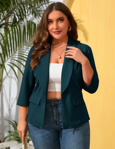 Vista 2 de ShopWonder Blazer casual con bolsillos para mujer, talla grande, para oficina, frente abierto, manga 34, cárdigans, chaqueta de trabajo