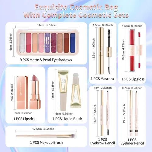 Vista 8 de Color Nymph Kit de maquillaje para mujeres, niñas, principiantes, todo en uno, con bolsa de lentejuelas, paleta de sombra de ojos de 9